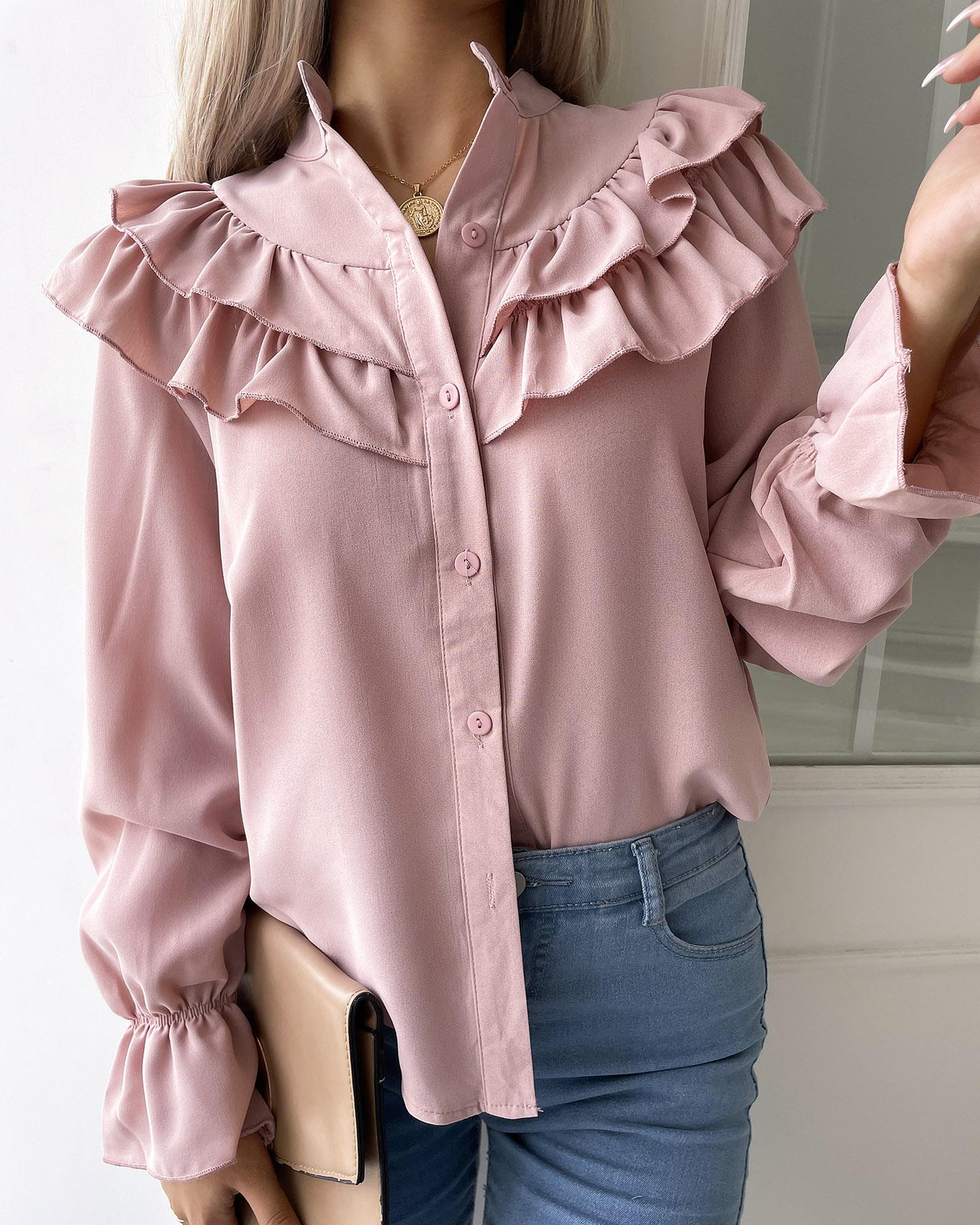 

Ruffles Long Sleeve Button Design Top, Pink