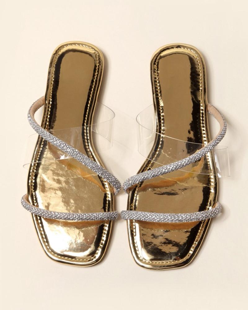 

Crystal Strap Open-toe Flat Sandals, Gold