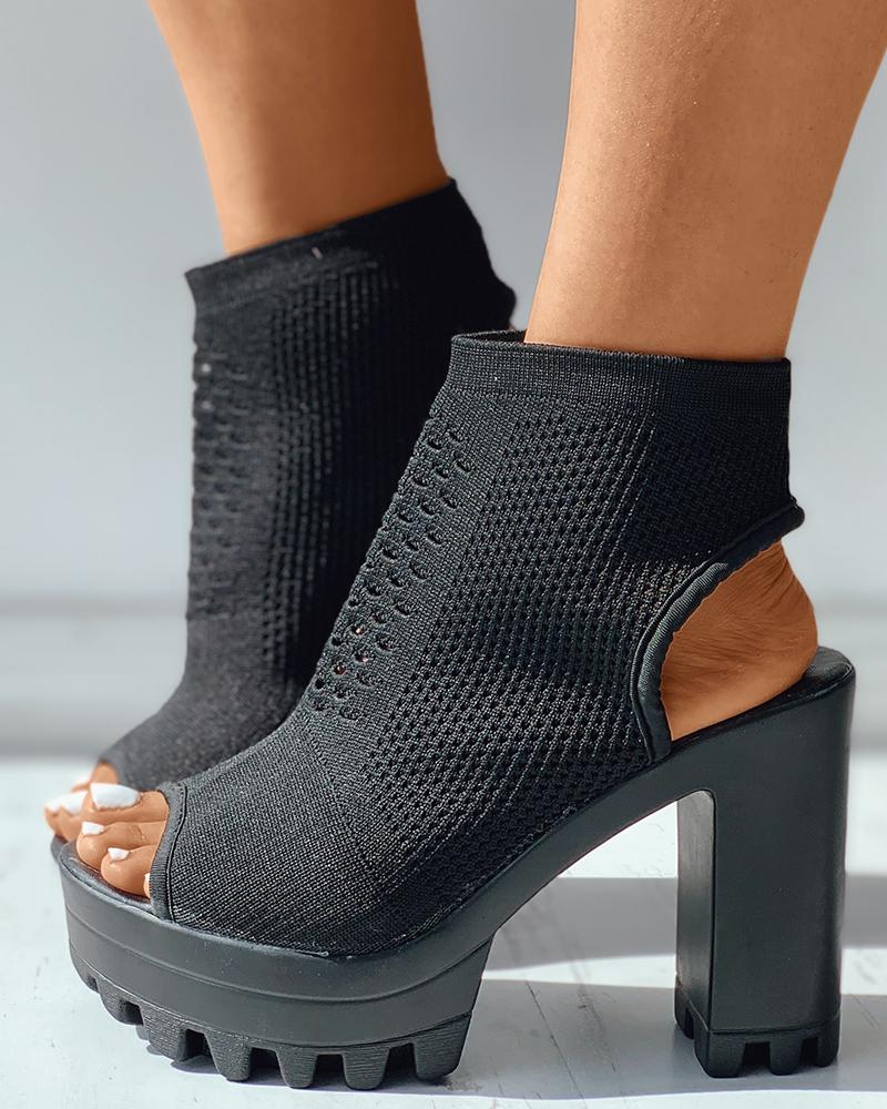 

Hollow Out Peep Toe Knit Chunky Heels, Black