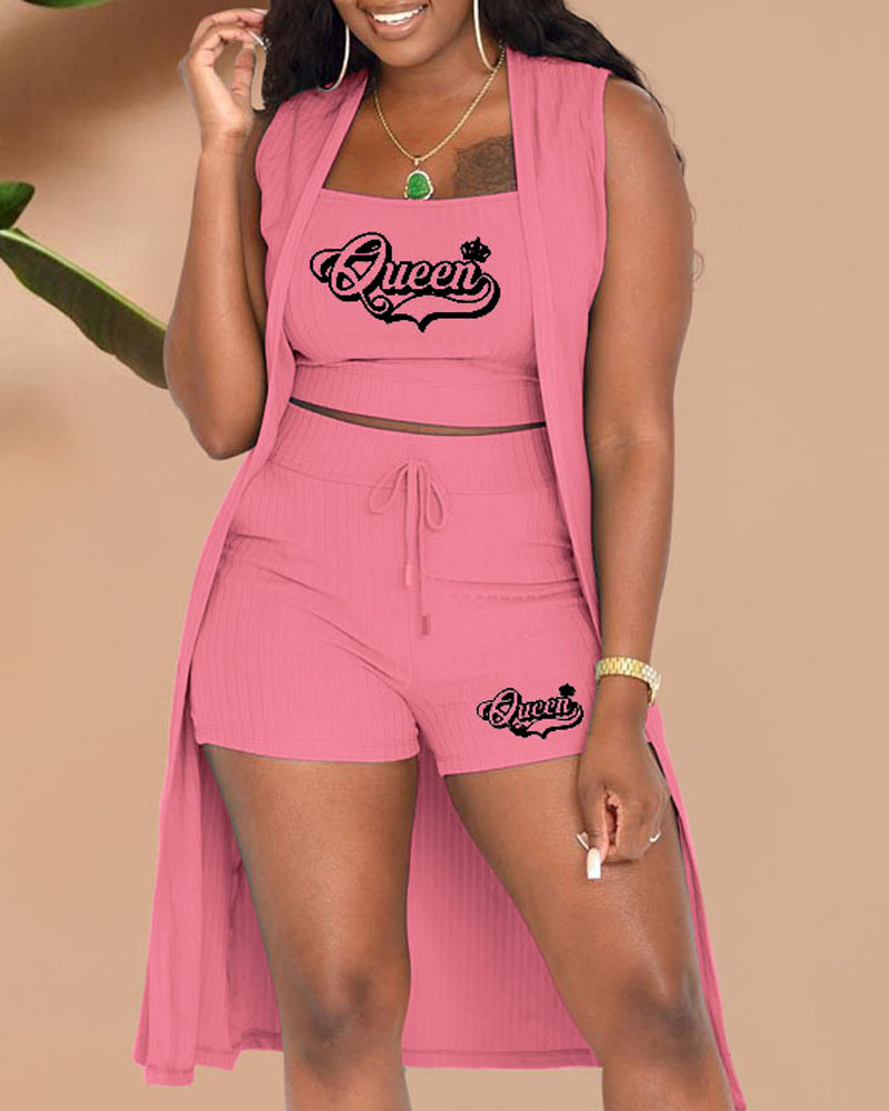 

3PCS Letter Crown Print Ribbed Crop Top & Shorts Set With Cardigan, Pink