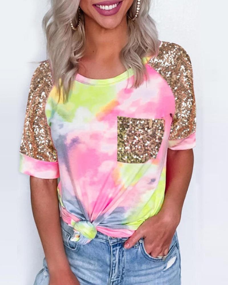 Buy Tie Dye Print Sequins Pocket Design Casual T-shirt. Picture