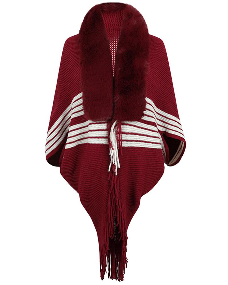 

Striped Fringe Hem Poncho Cardigan, Wine red