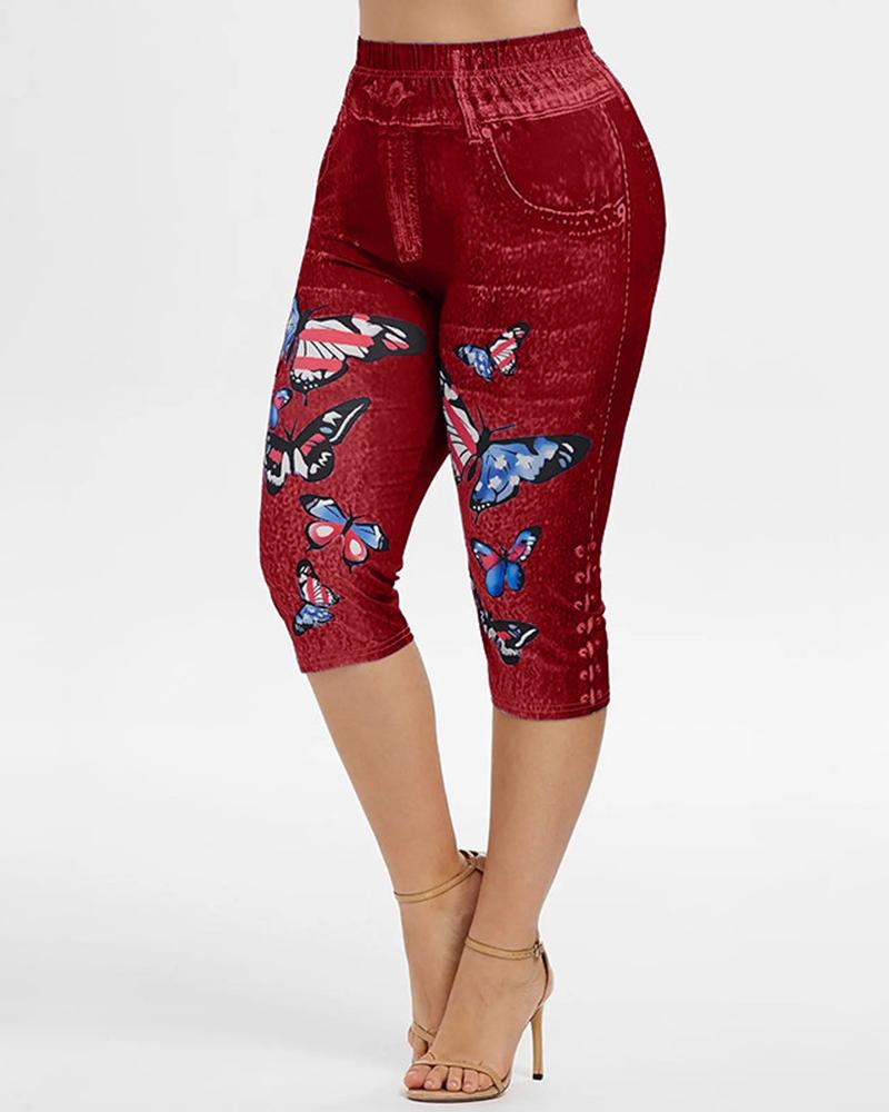 

Butterfly Denim Look Print Capris Leggings, Red