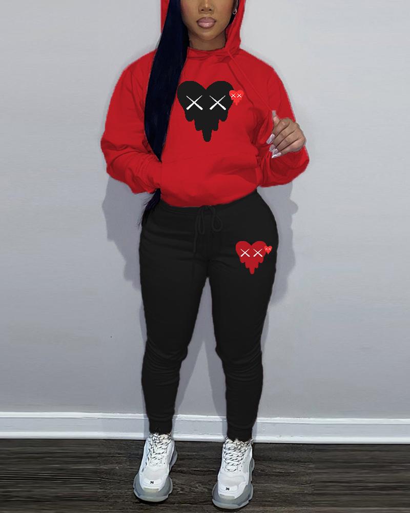 

Heart Print Long Sleeve Drawstring Hoodie & Pants Set, Red