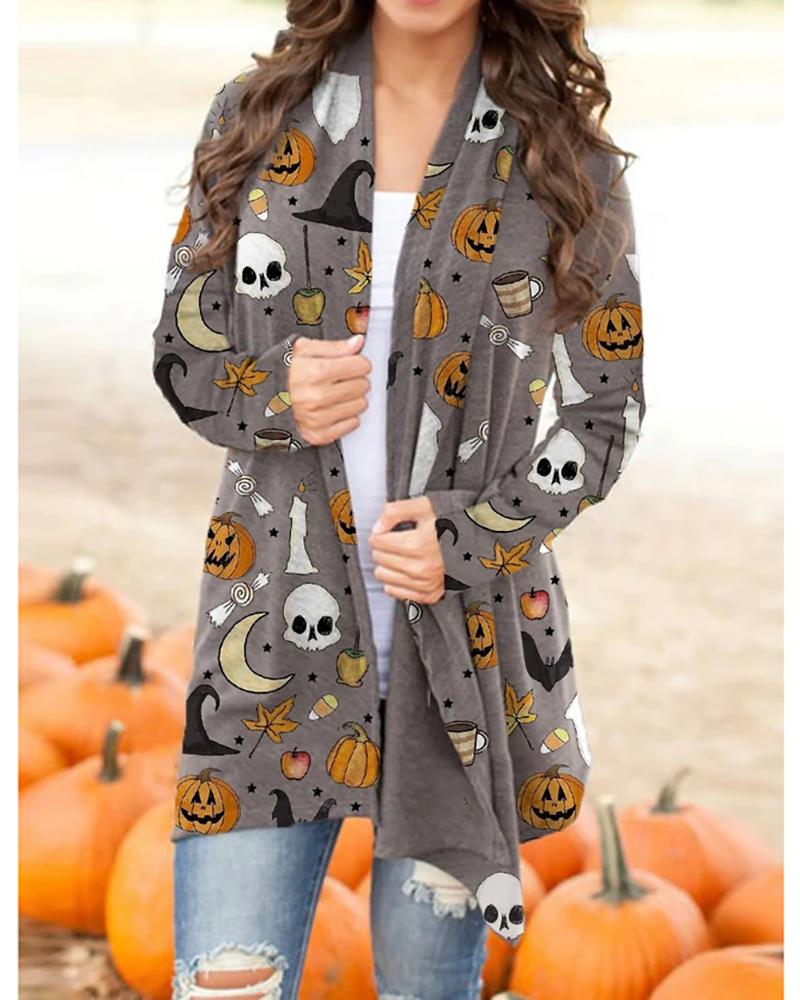 

Halloween Pumpkin Mixed Print Long Sleeve Cardigan, Gray