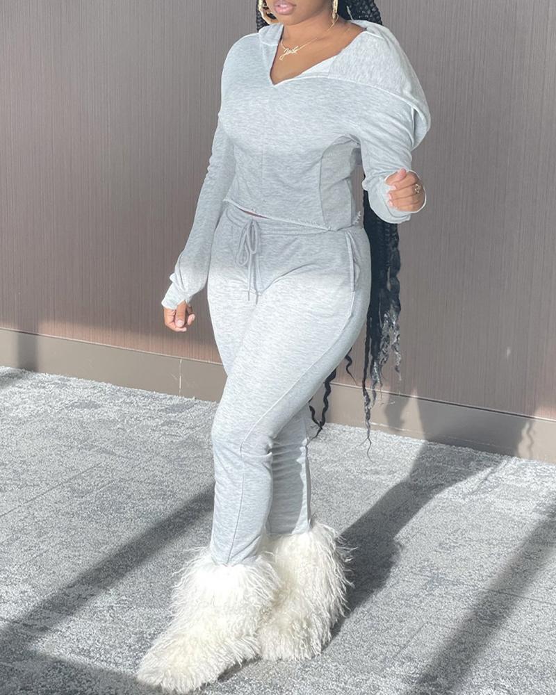 

Hooded Sweatshirt & Pocket Design High Waist Pants Set, Gray