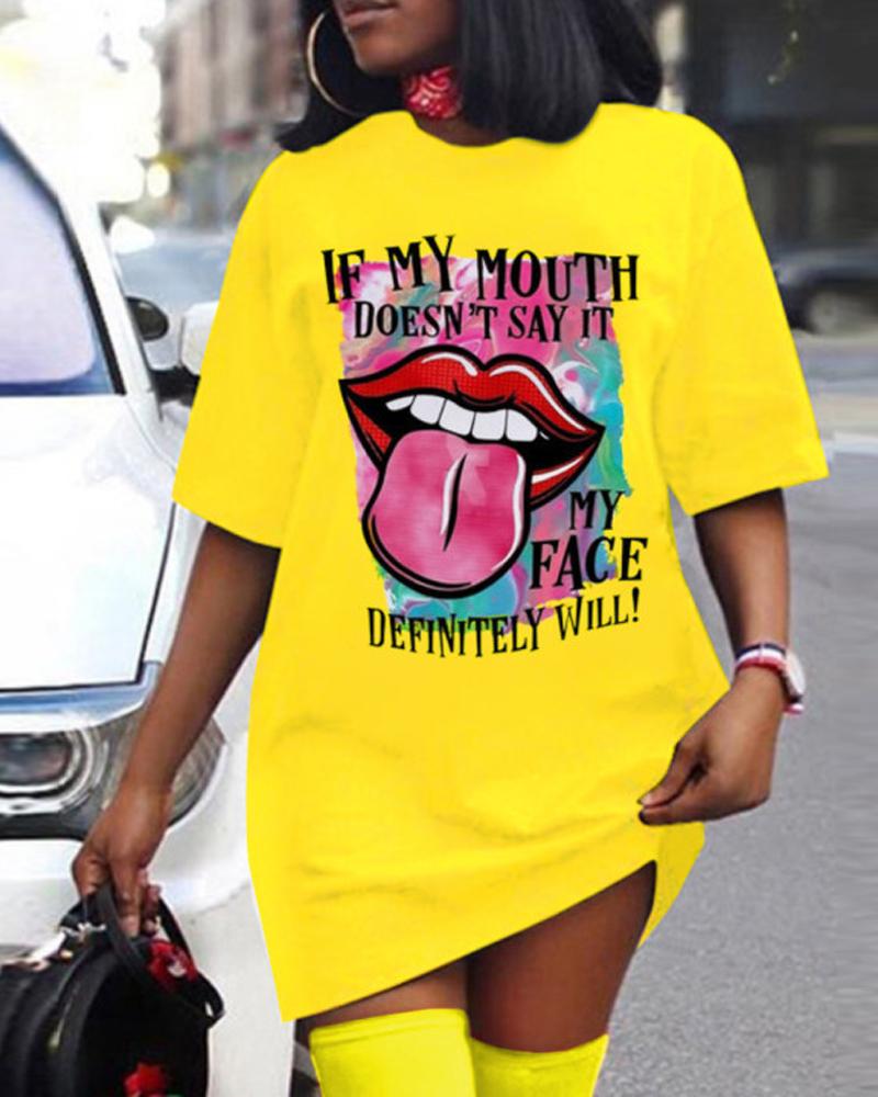 

Lip Letter Print Short Sleeve Casual Dress, Yellow