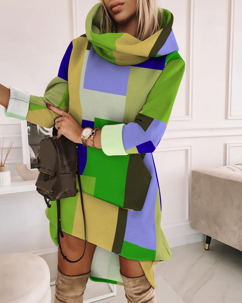 

Geometric Print Dip Hem Hooded Casual Dress, Green