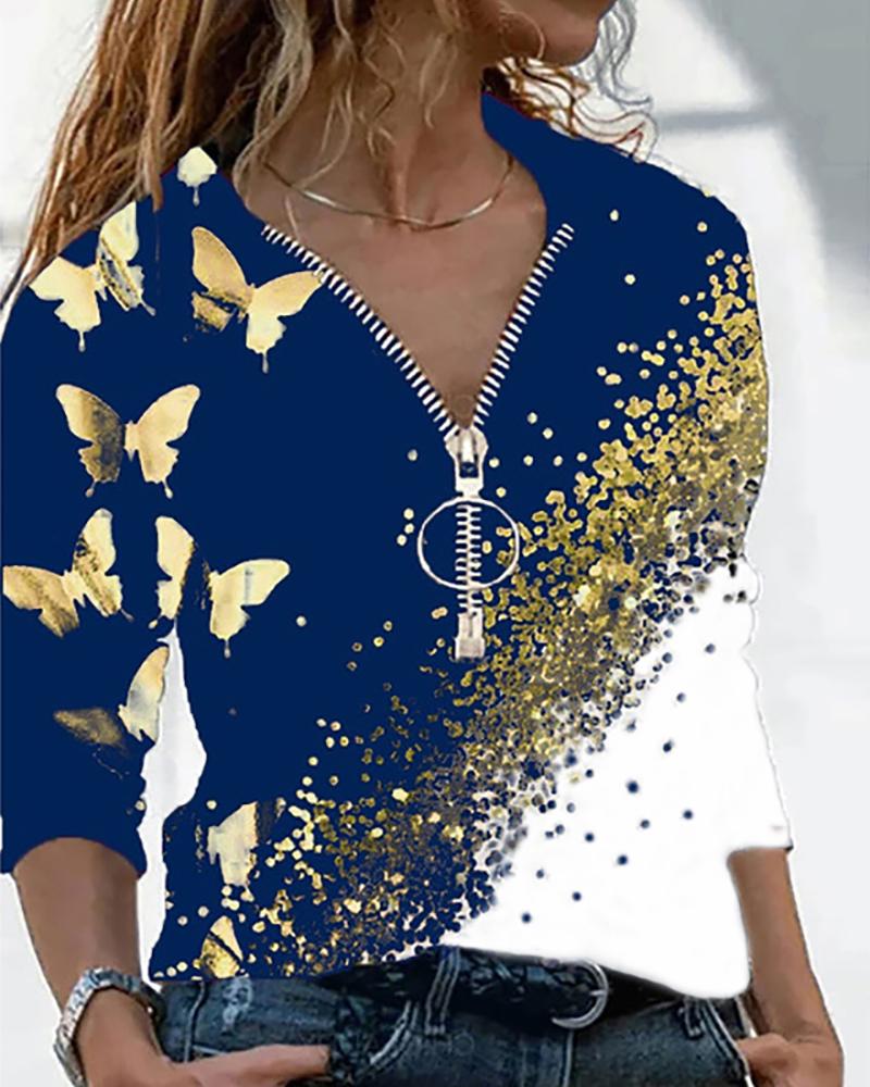 

Butterfly Print Colorblock Zip Front Top, Blue