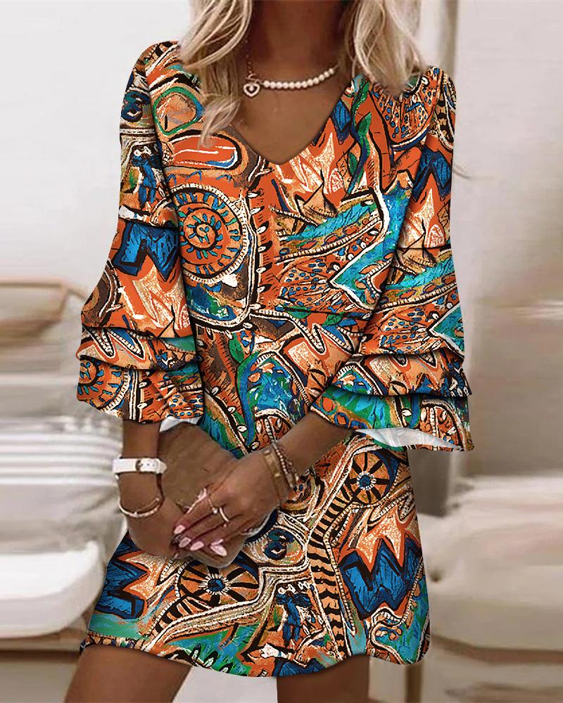 

Tribal Print Bell Sleeve Casual Dress, Multicolor