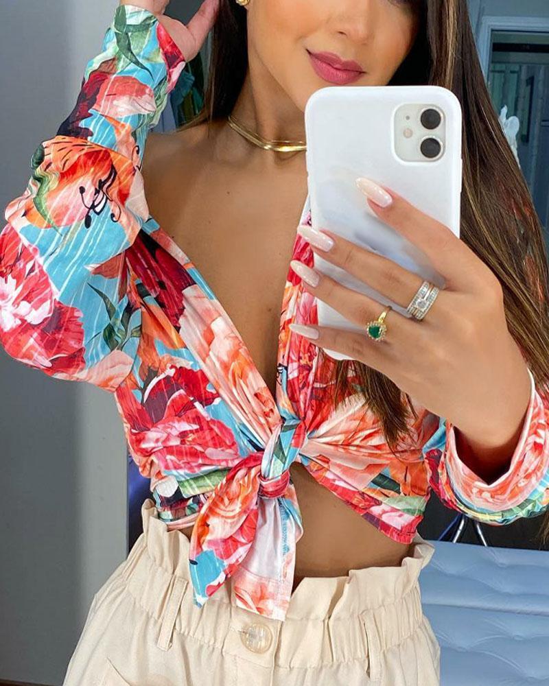 

Floral Print Lantern Sleeve Buttoned Shirt, Multicolor