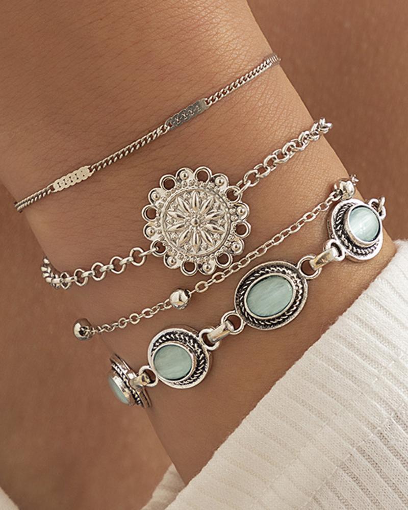 

4pcs Bohemian Cat Eye Floral Chain Bracelets Sets, Silver