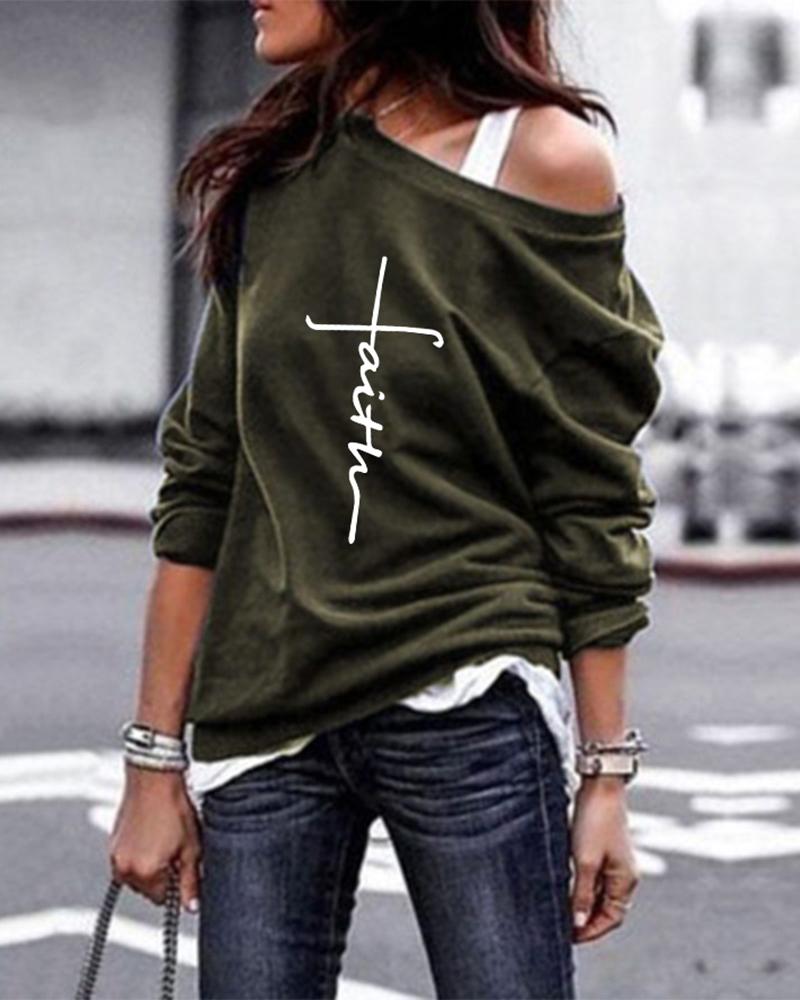 

Letter Print Long Sleeve Round Neck Sweatshirt, Green