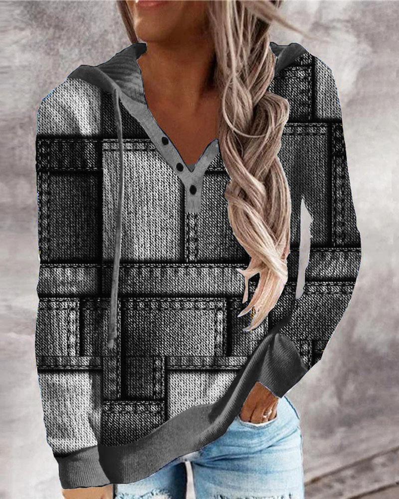 

Denim Look Print Button Front Long Sleeve Hoodie, Gray