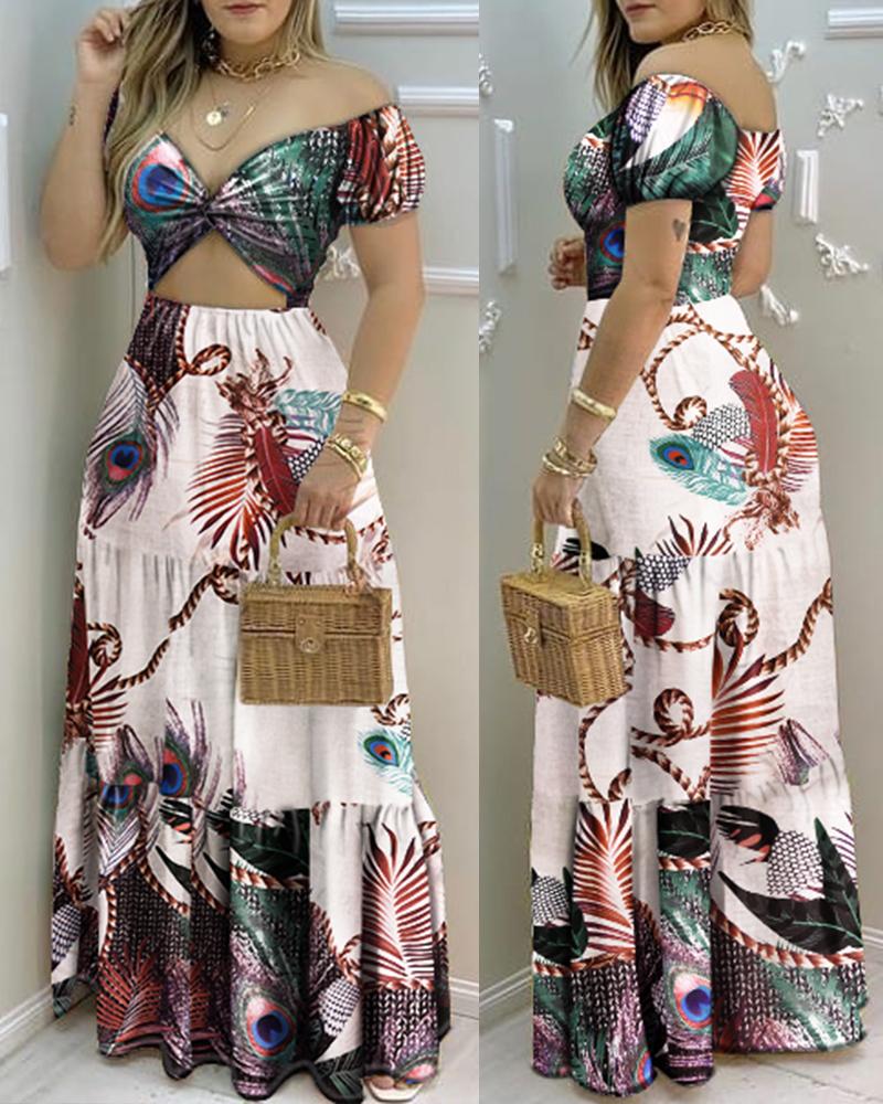 

Peacock Print Twist Cutout Front Off Shoulder Maxi Dress, Multicolor