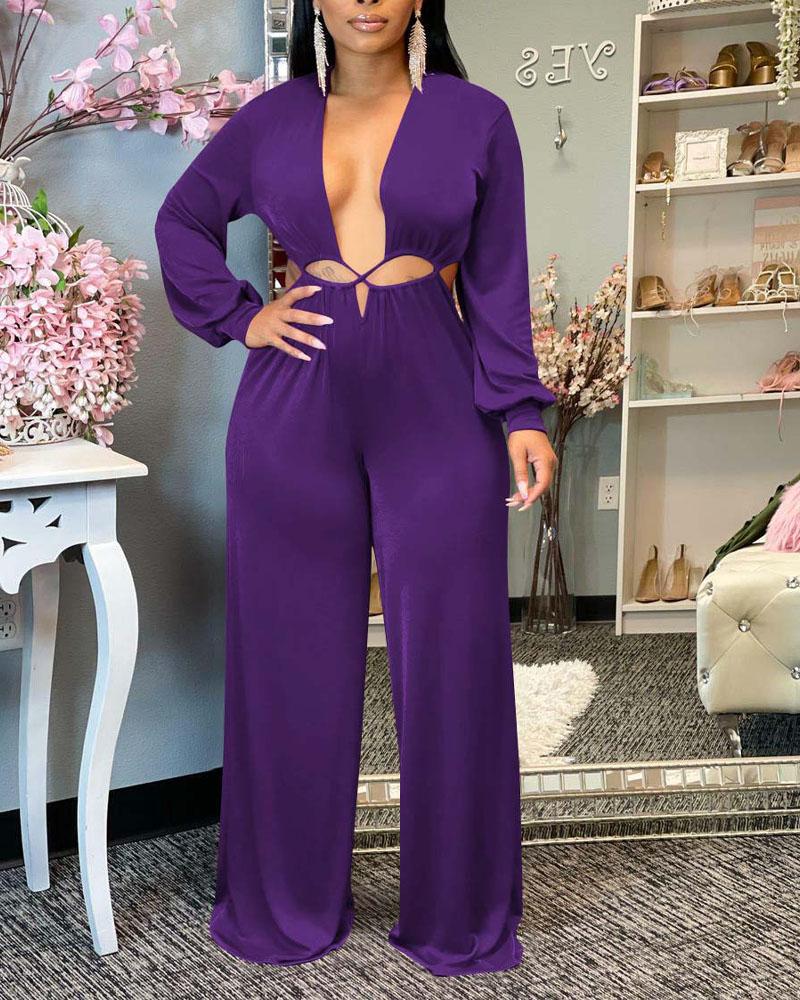 

Cutout Plunging Neck Long Sleeve Jumpsuit, Purple