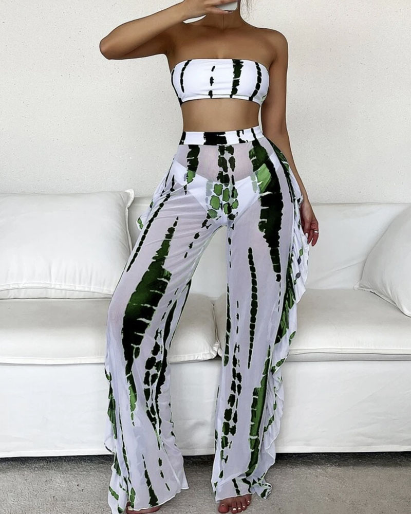

3PCS Striped Pattern Print Bikini Set With Sheer Mesh Cover Up, Green