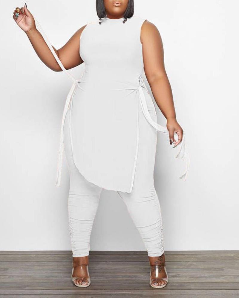 

Plus Size Tied Detail Asymmetrical Top & Ruched Pants Set, White