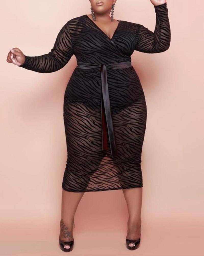 

Plus Size Zebra Stripe Pattern Print Mesh Bodycon Dress, Black