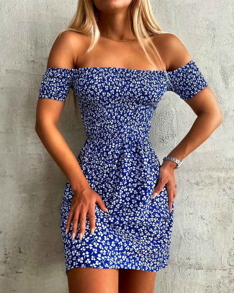 

Off Shoulder Ditsy Floral Print Dress, Blue
