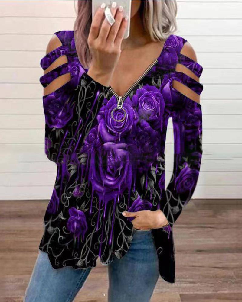 

Floral Print Zipper V-Neck Cutout Top, Purple