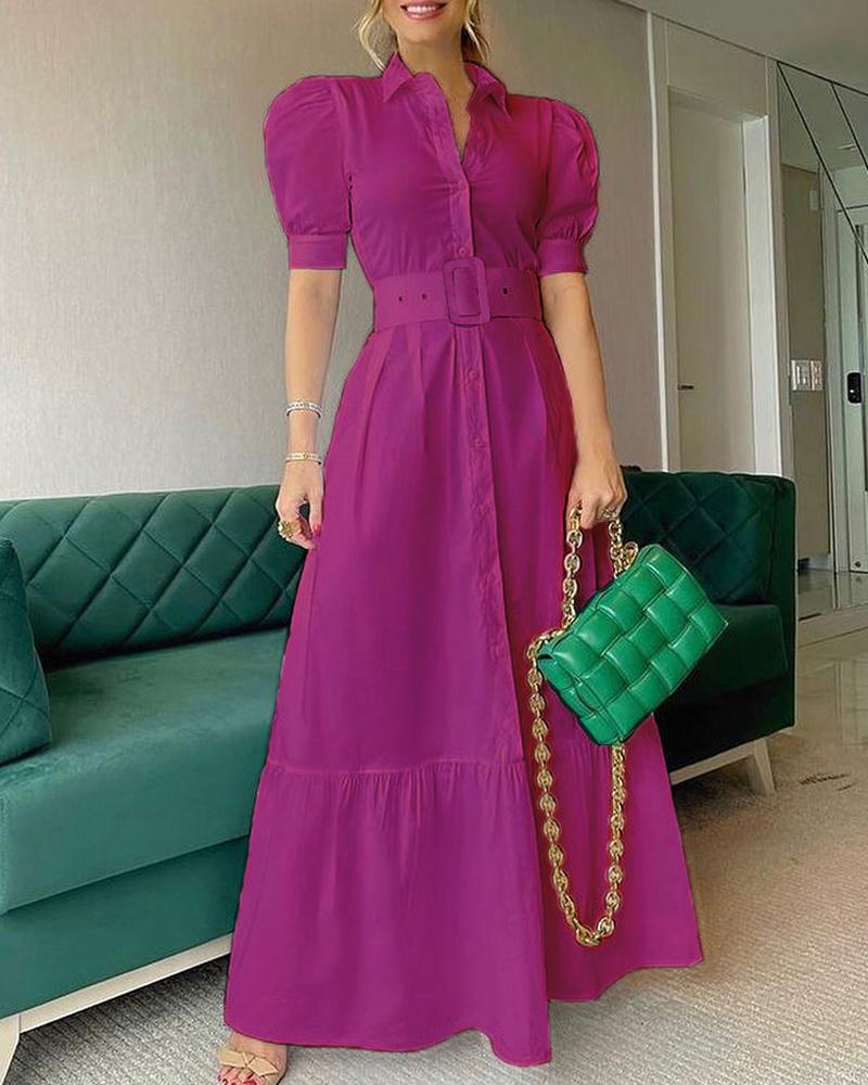

Plain Puff Sleeve Buttoned Shirt Dress, Hot pink