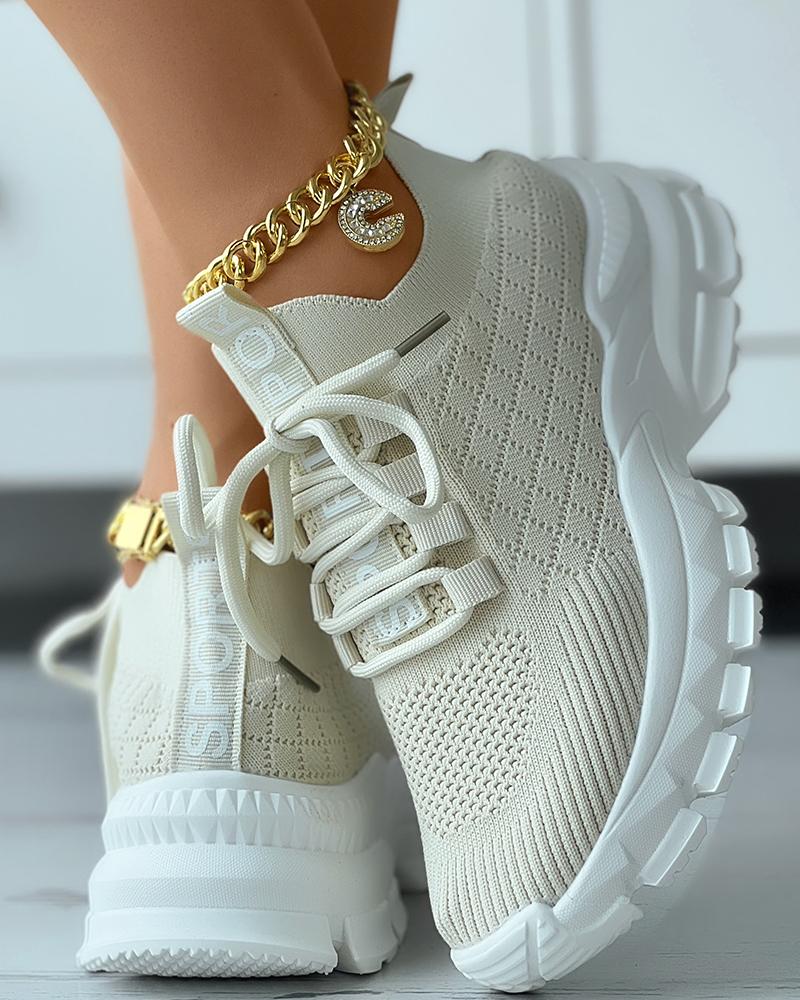 

Lace-up Letter Print Breathable Sneakers, Beige