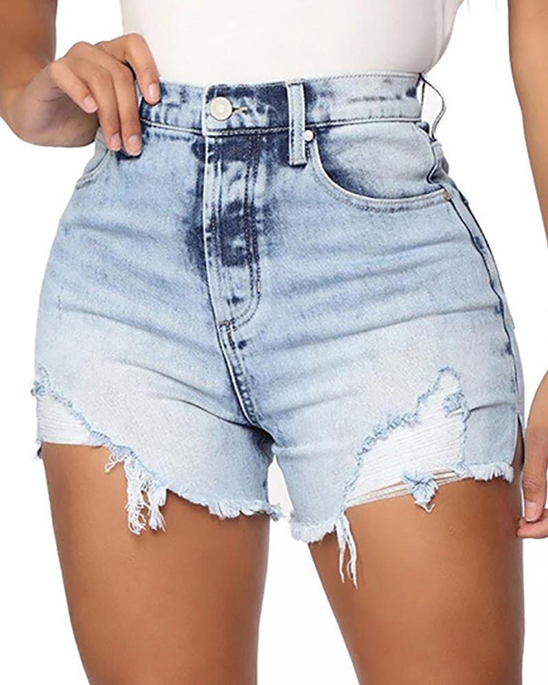 

Ripped Fringe Hem High Waist Denim Shorts, Blue