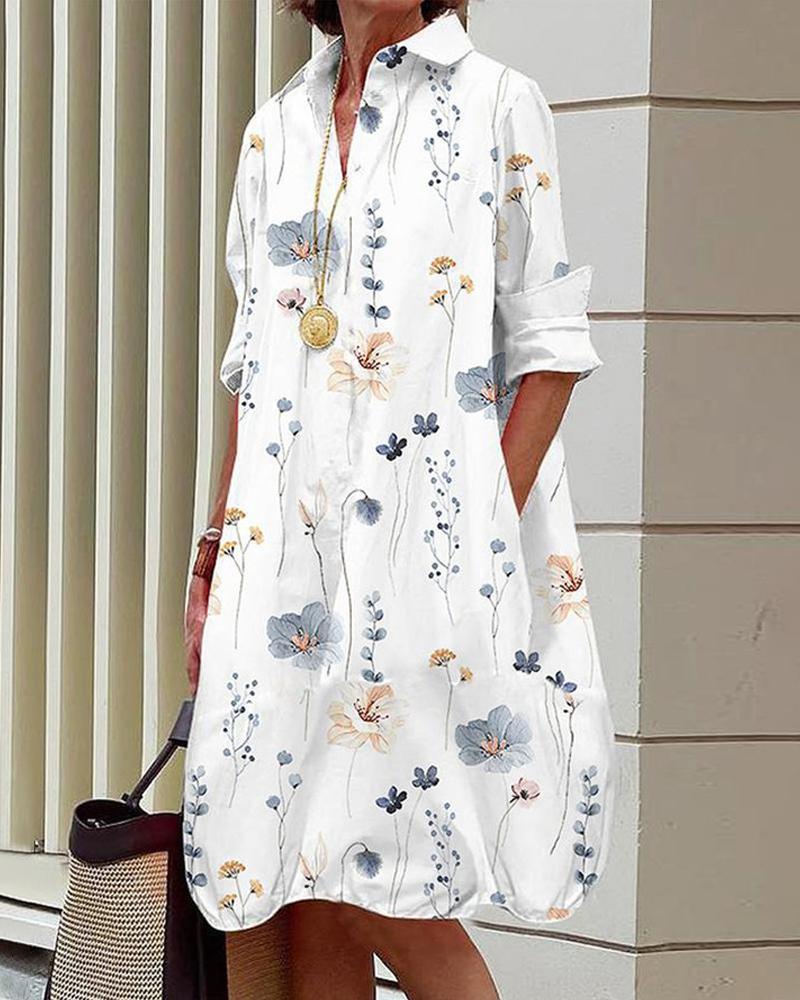 

Floral Print Pocket Design Shirt Dress, White