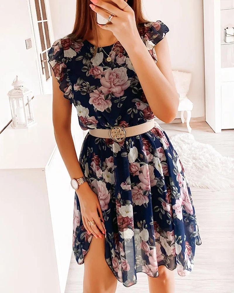 

Floral Print Ruffle Hem Chiffon Dress, Purplish blue