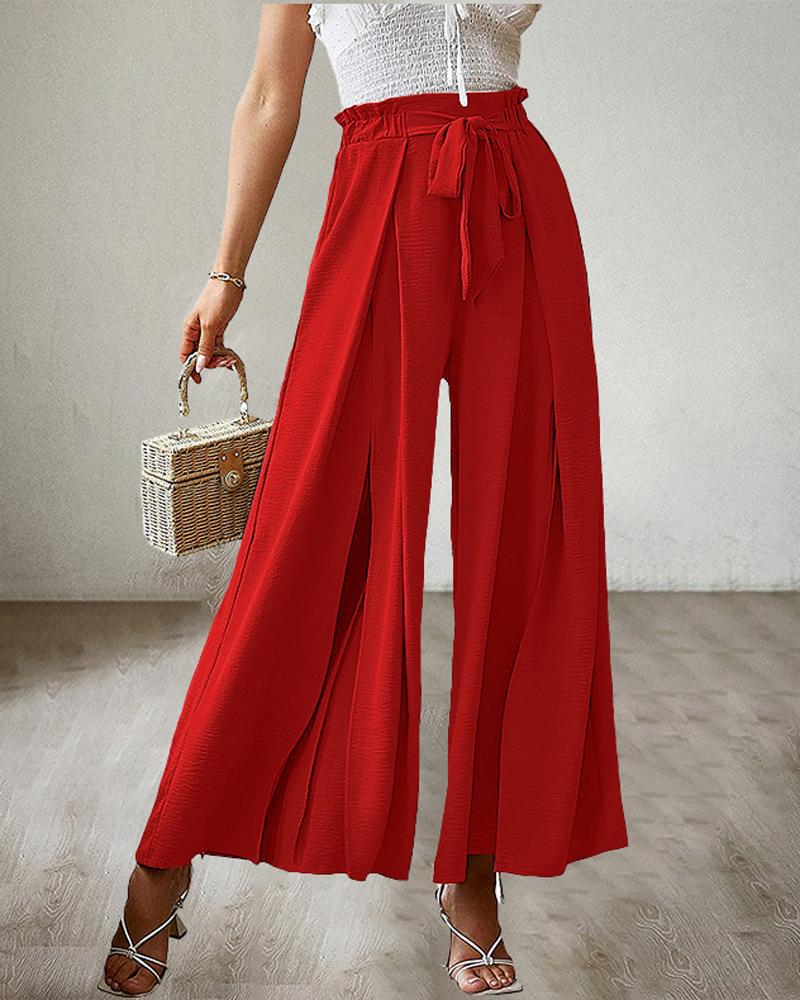 

Tie Front Pleated Design Wide Leg Pants, Red