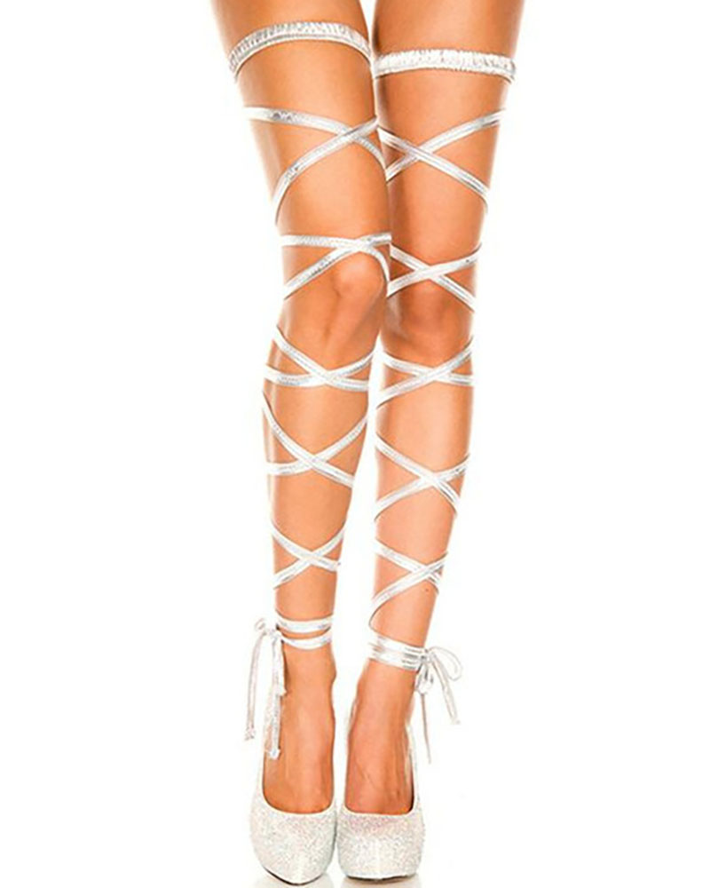 

PU Lingerie High Thigh Leather Crossover Stockings, Silver