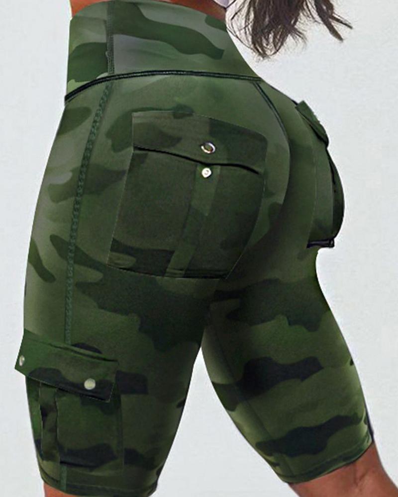 

Camouflage Print High Waist Leggings, Army green