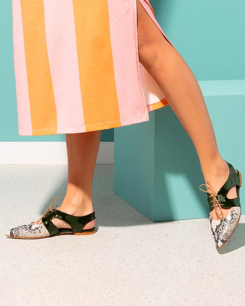 

Pointed-toe Color Block Lace-up Hollow-out Flat Shoes, Black