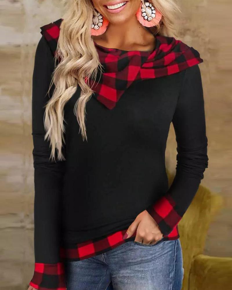 

Plus Size Contrast Plaid Long Sleeve Casual Hoodie, Black