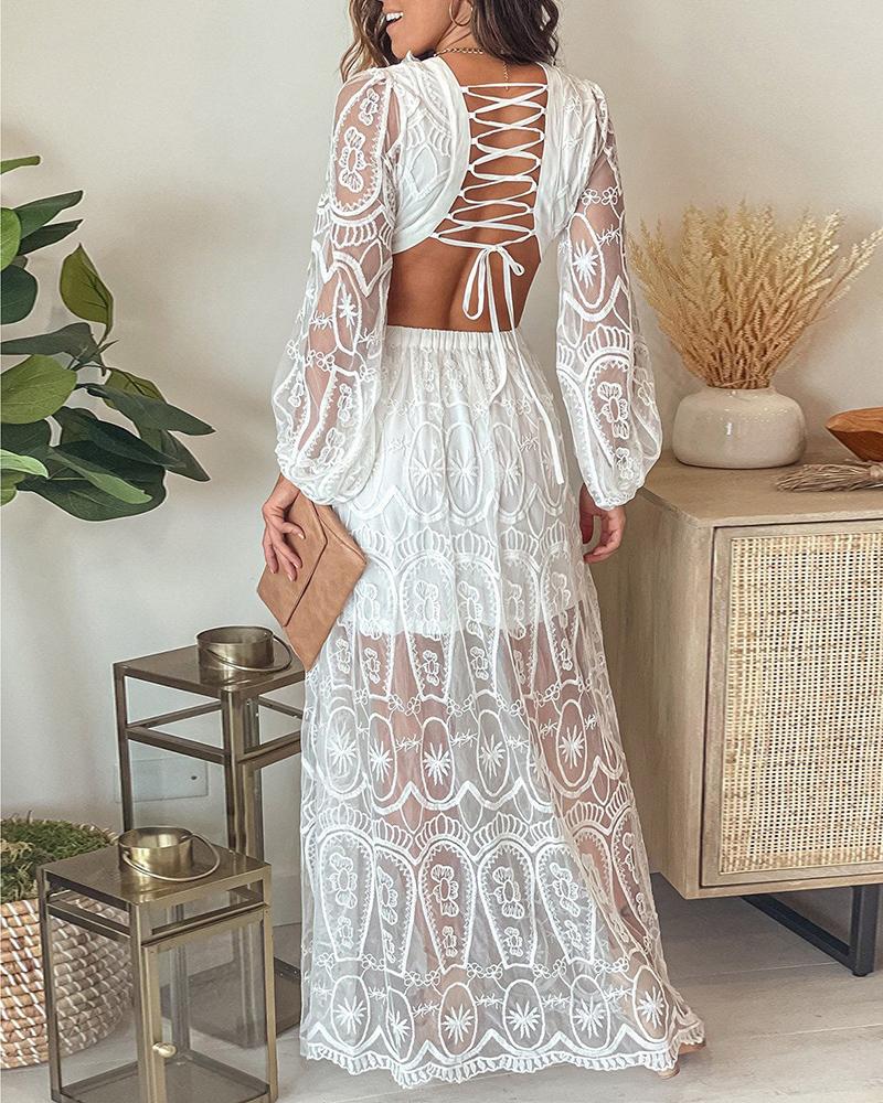 

Backless Lace-up Allover Print Cutout Lace Dress, White