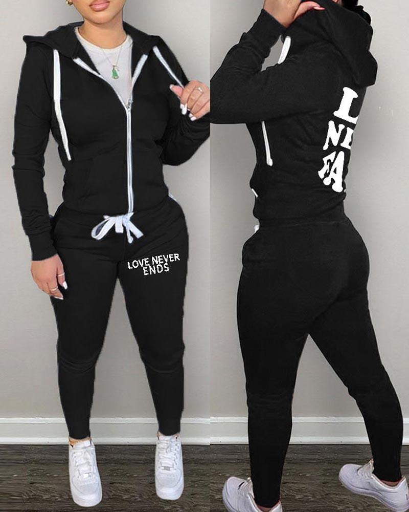 

Letter Print Hooded Zip Up Top & Pants Set, Black