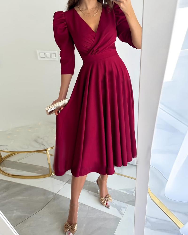 

Puff Sleeve Surplice Neck Work Dress, Wine red