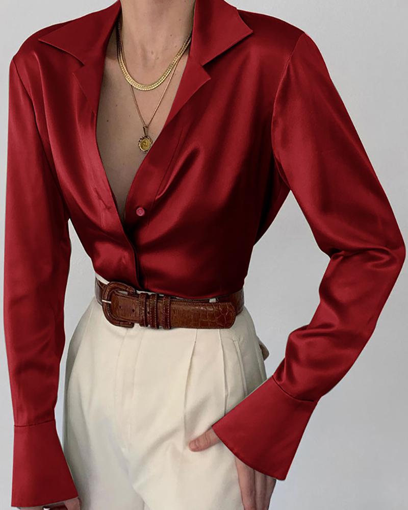 

Bell Long Sleeve Satin Buttoned Top, Red