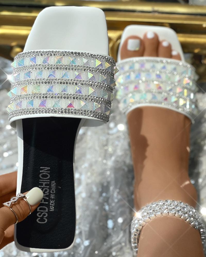 

Rhinestone Square Toe Slippers, White