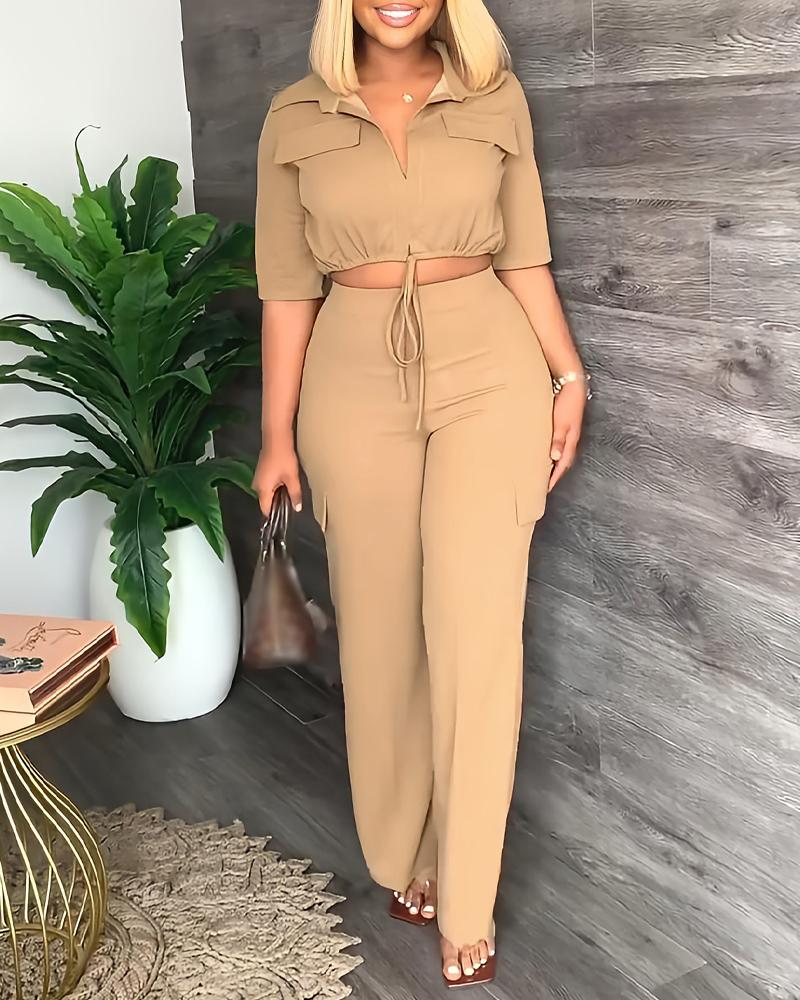 

Flap Detail Drawstring Top & Pants Set, Khaki