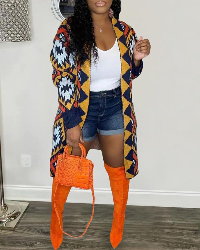 

Geometric Pattern Long Sleeve Knit Cardigan, Orange