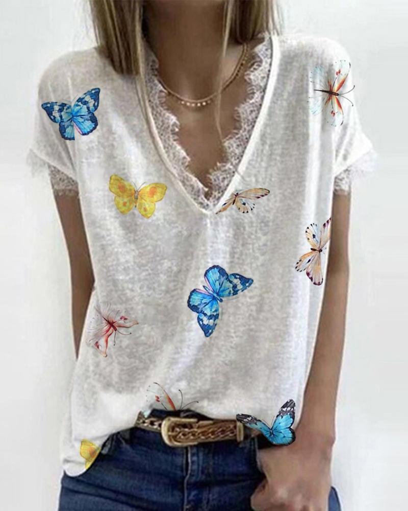 

Butterfly Print V Neck Lace Trim T-Shirt, White