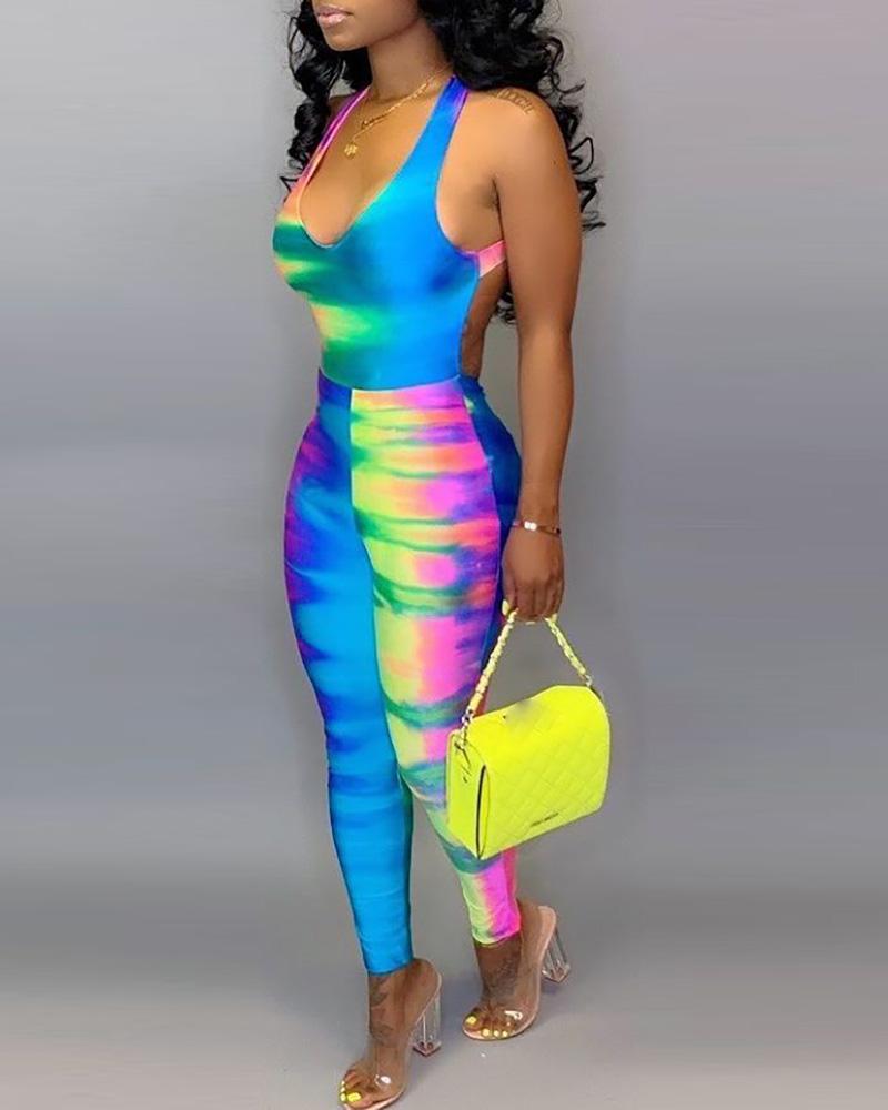

Tie Dye Print Open Back Jumpsuit, Multicolor