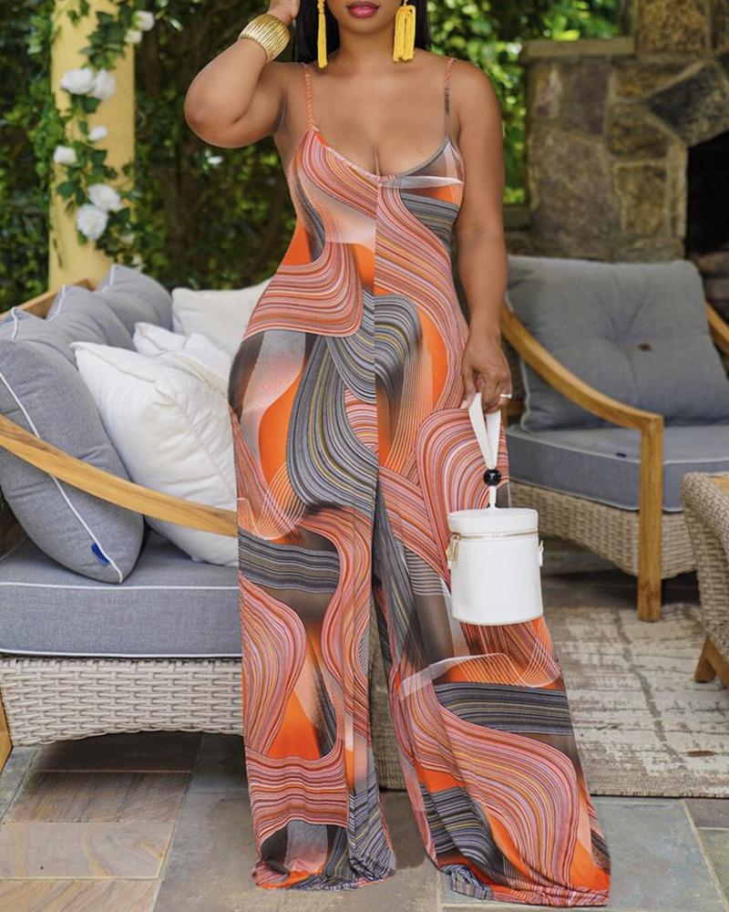 

All Over Print U-Neck Wide Leg Cami Jumpsuit, Orange