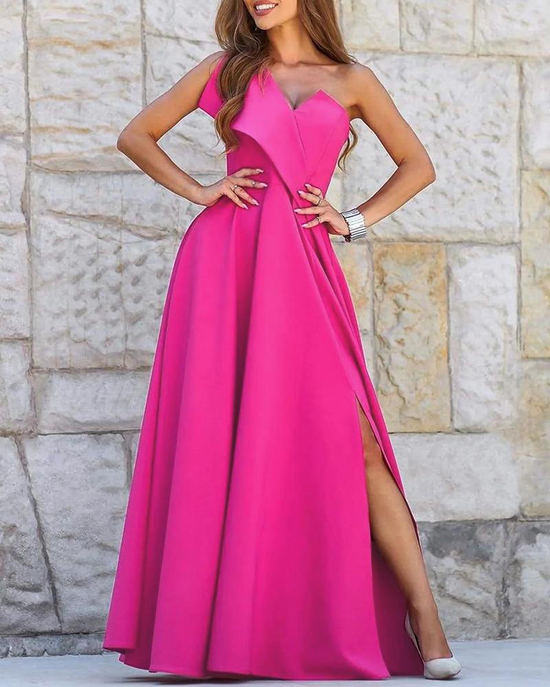 

Asymmetrical One Shoulder Slit Evening Dress, Hot pink
