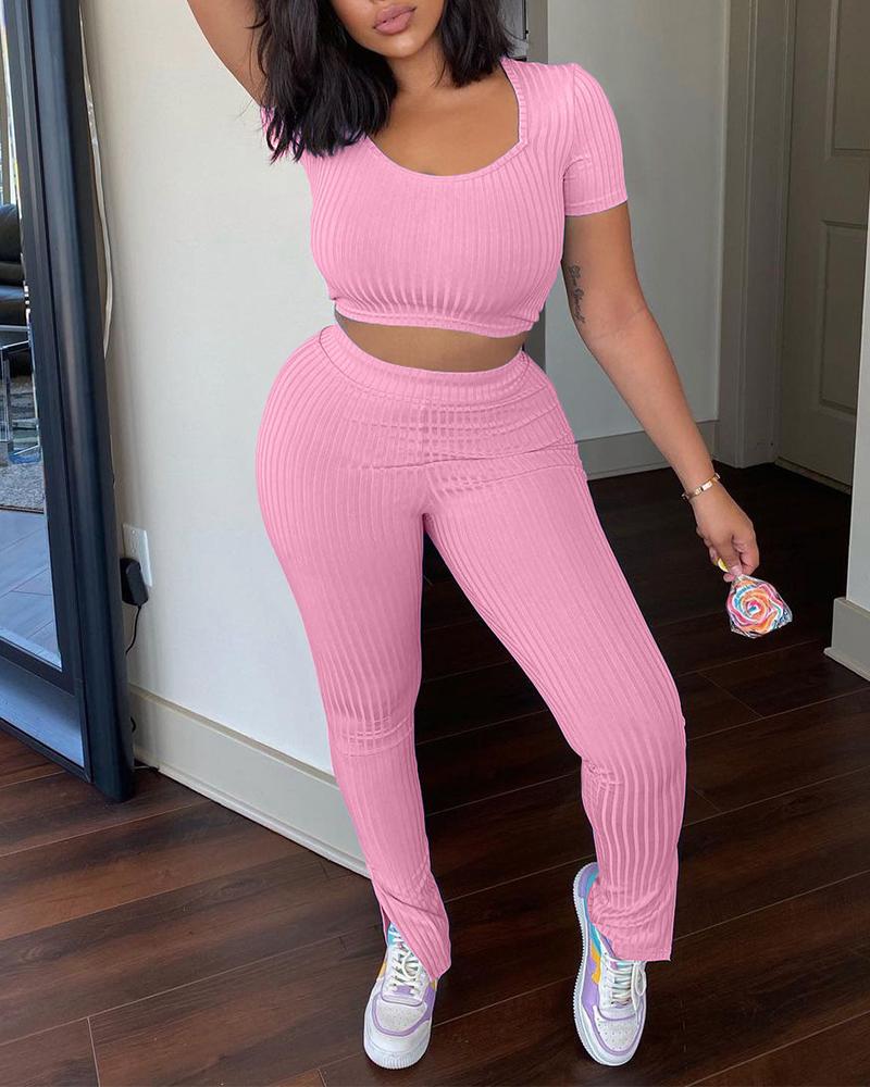 

Ribbed Crop Top & Split Hem Pants Set, Pink