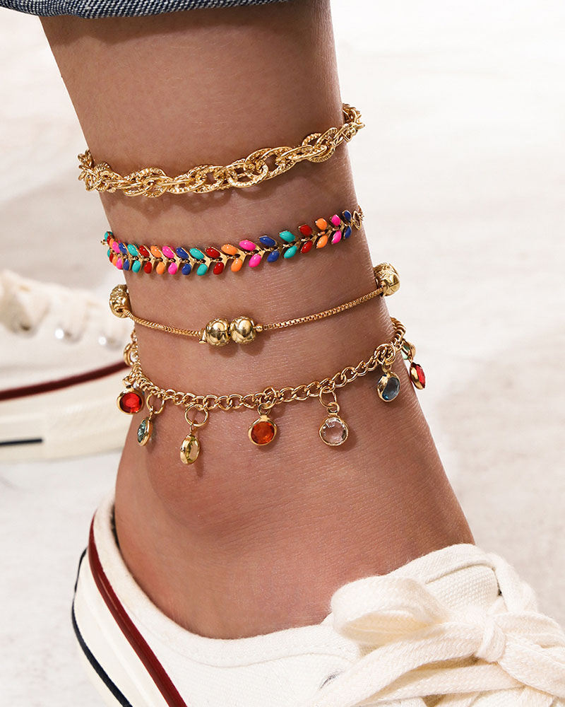 

Colorful Leaf Pattern Beaded & Rhinestone Anklet Set, Gold