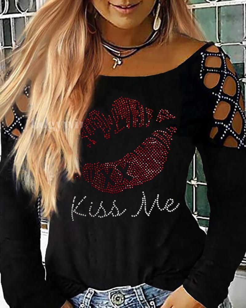 

Studded Cutout Lip Letter Print Sweatshirt, Black