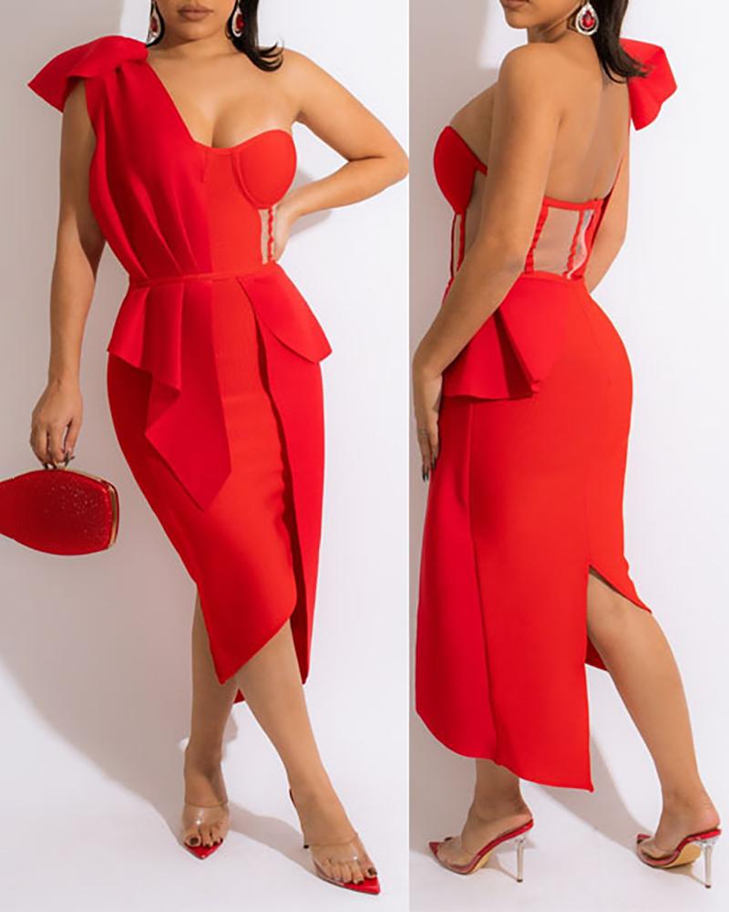 

One Shoulder Ruched Slit Party Dress, Red